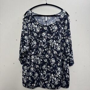 PerSpection Concept 3X Blue Floral Top Slit Sleeve 3/4 Sleeve Plus Size Comfy